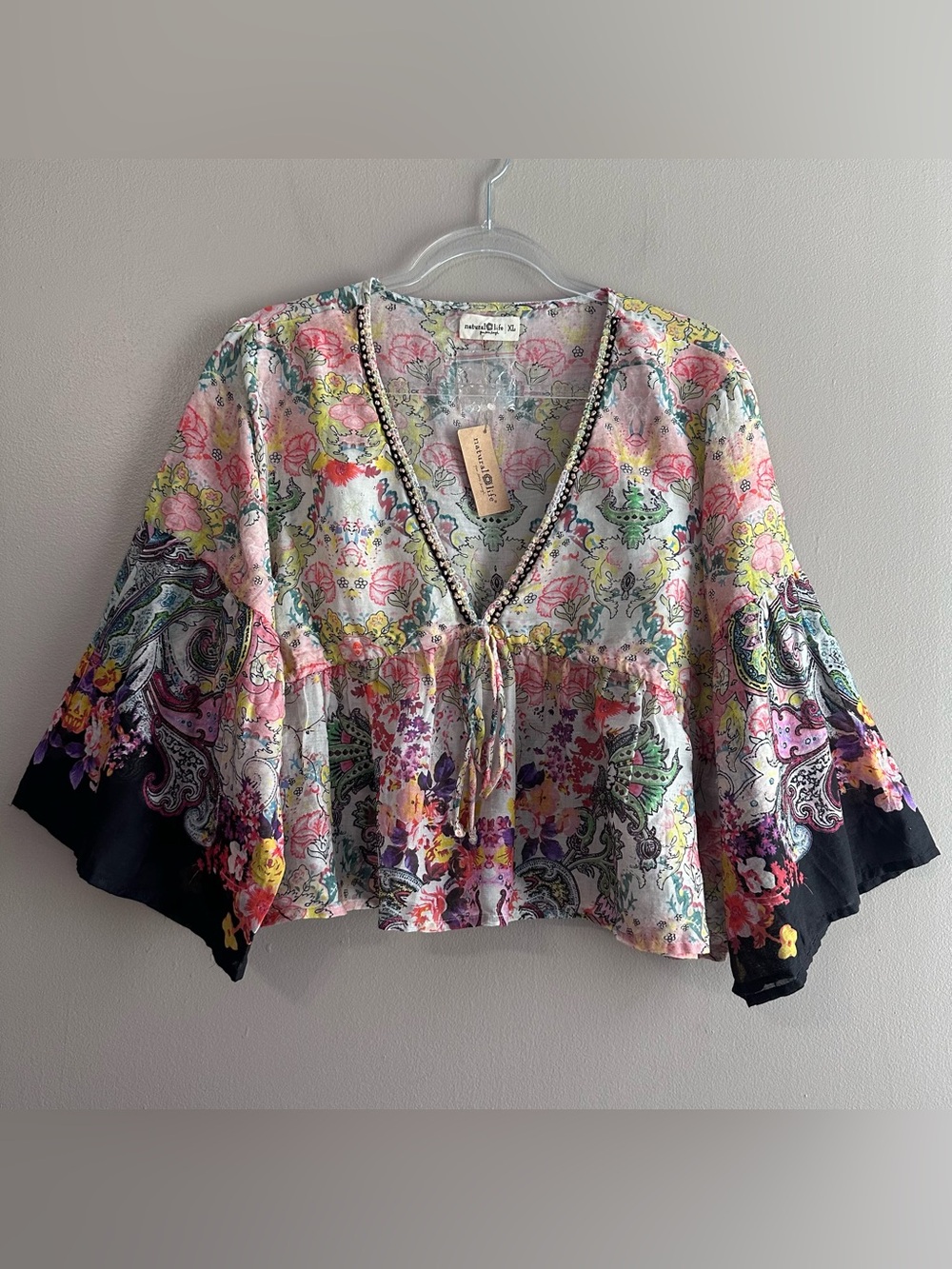 Natural Life Isabella Cotton Top Womens XL NWT Boho Fairy Paisley Floral Sequin